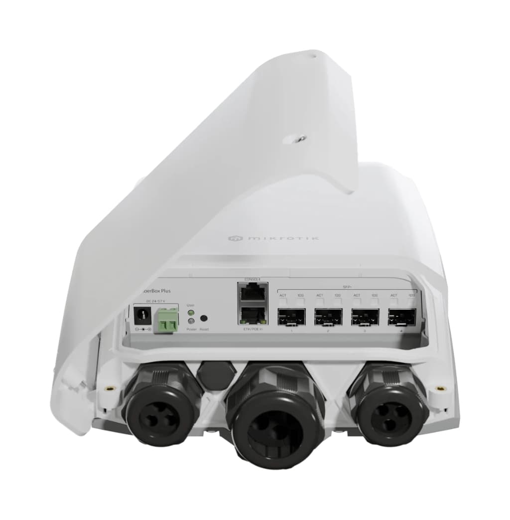 MikroTik FiberBox Plus IP66 dış ortam 10 G fiber switch • 4× SFP+ • 1× RJ45 PoE-in • ARM CPU